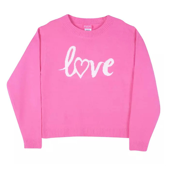 Zunie Girls Valentines Day Sweater Size Medium (7/8) Bright Pink "Love" - Picture 1 of 9